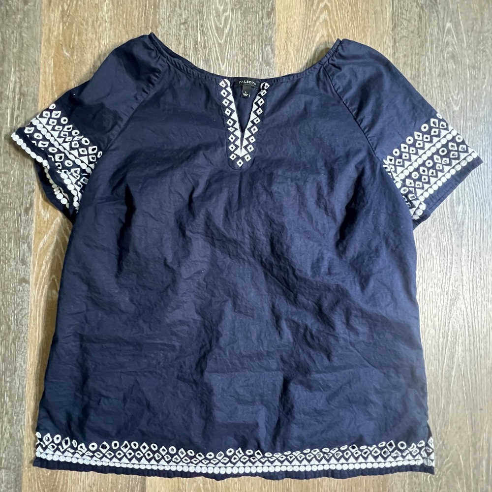 Talbots Blouse Women Large Navy Blue Embroidered Split Neck Short Sleeve Top